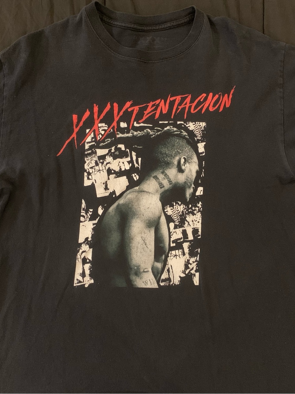 Black Graphic Band Tee with Red Accent